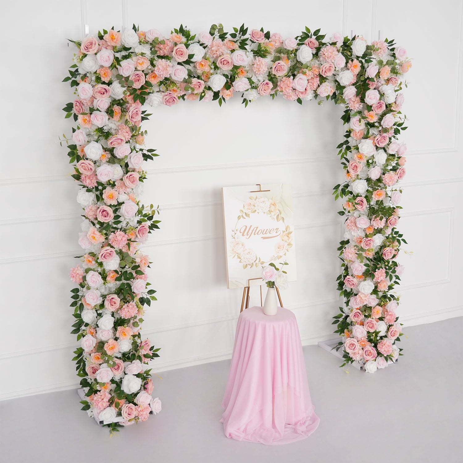 Uflower White Pink Rose Floral Square Arch Wedding Party Backdrop Decoration
